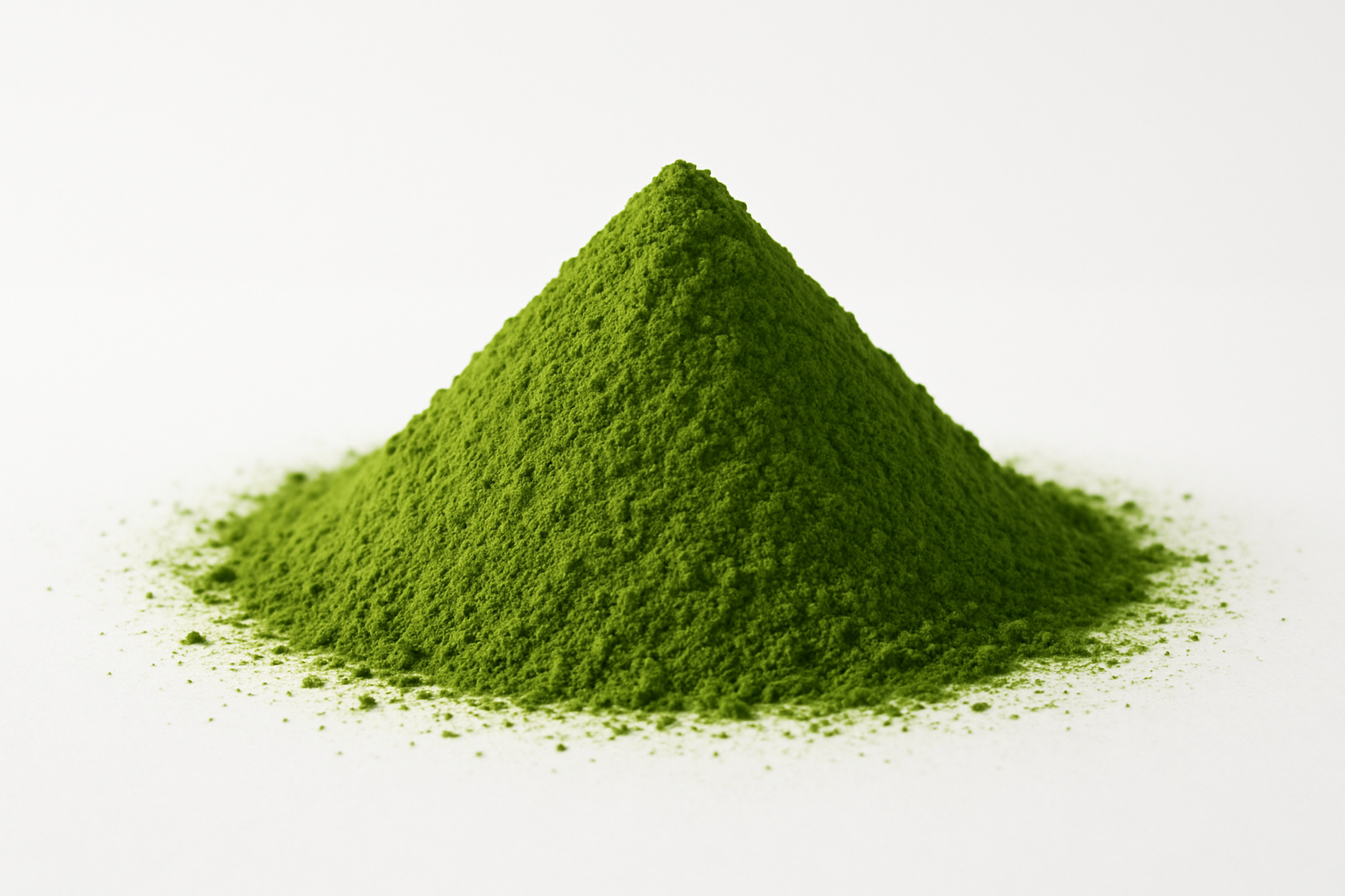 mound of ceremonial matcha powder with white backdrop